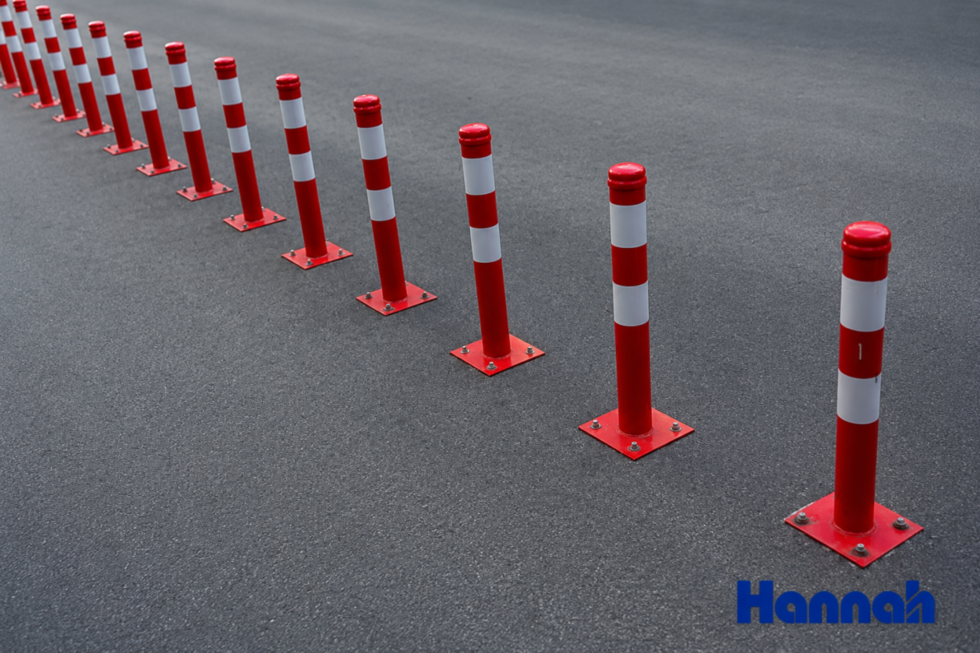 Vertical red bollards for road traffic